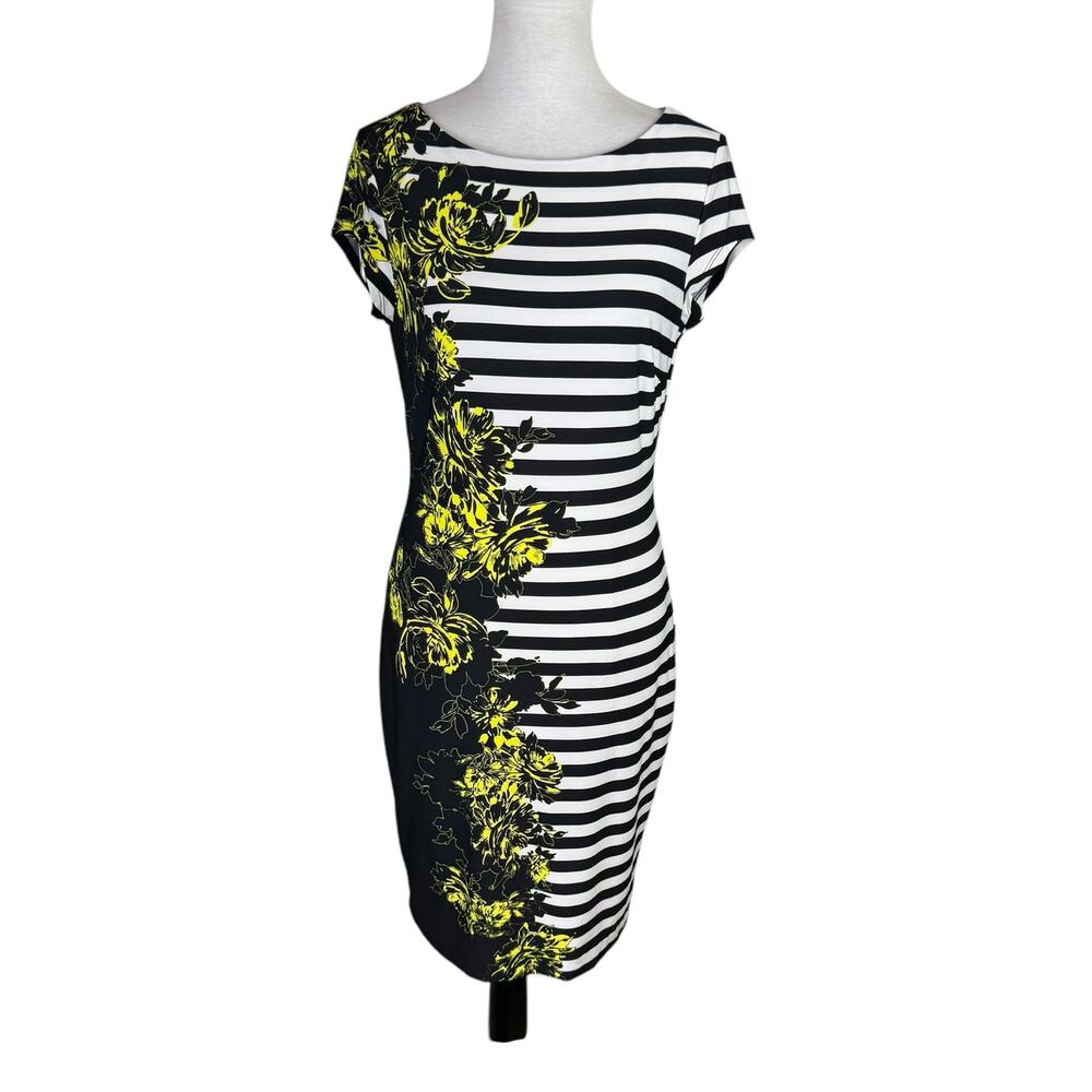 Cache Black & White Stripe Yellow Floral Print Jersey Knit Stretch Sheath Dress